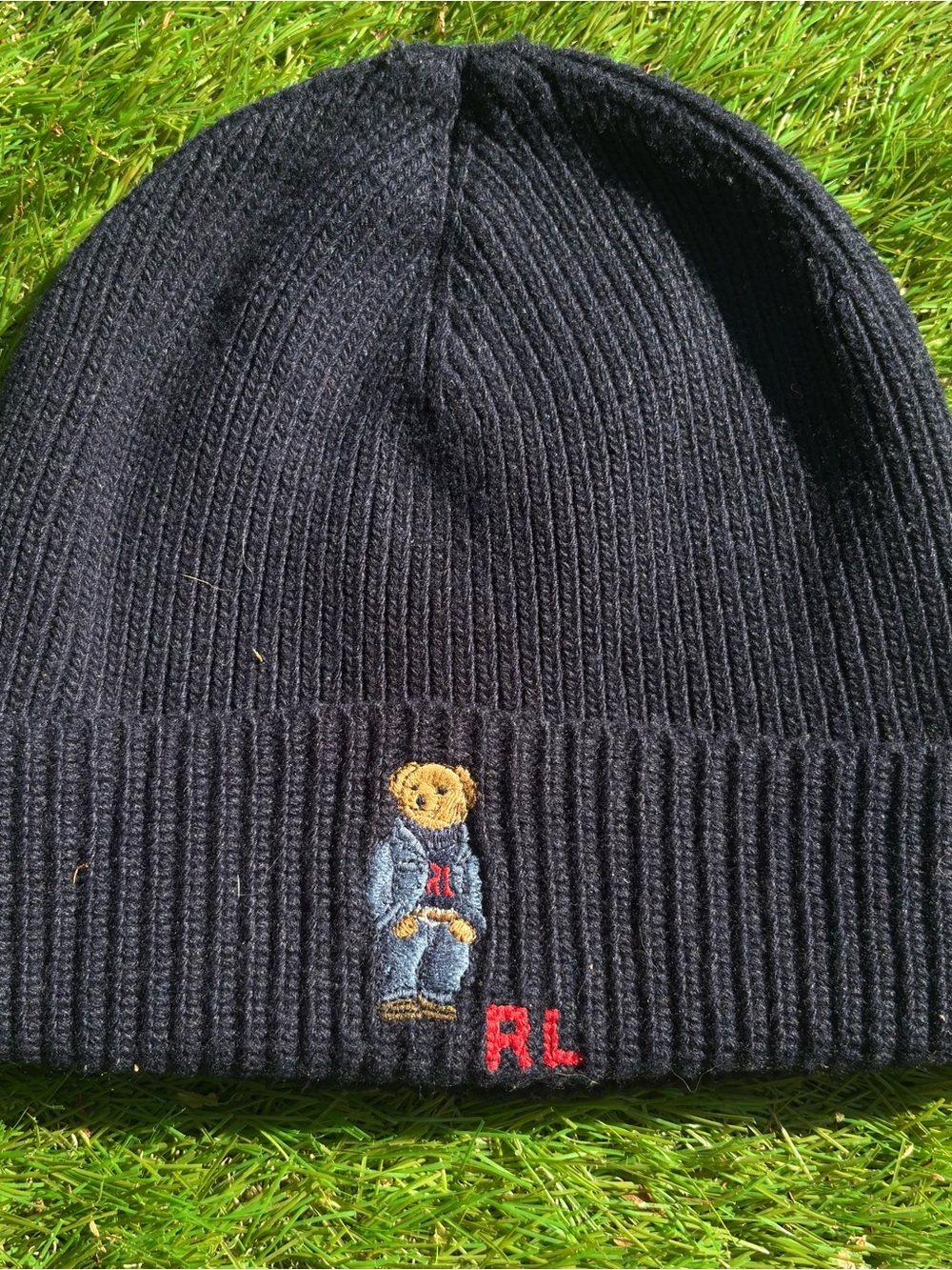 Ralph Lauren Black Knit Beanie with Embroidered Bear